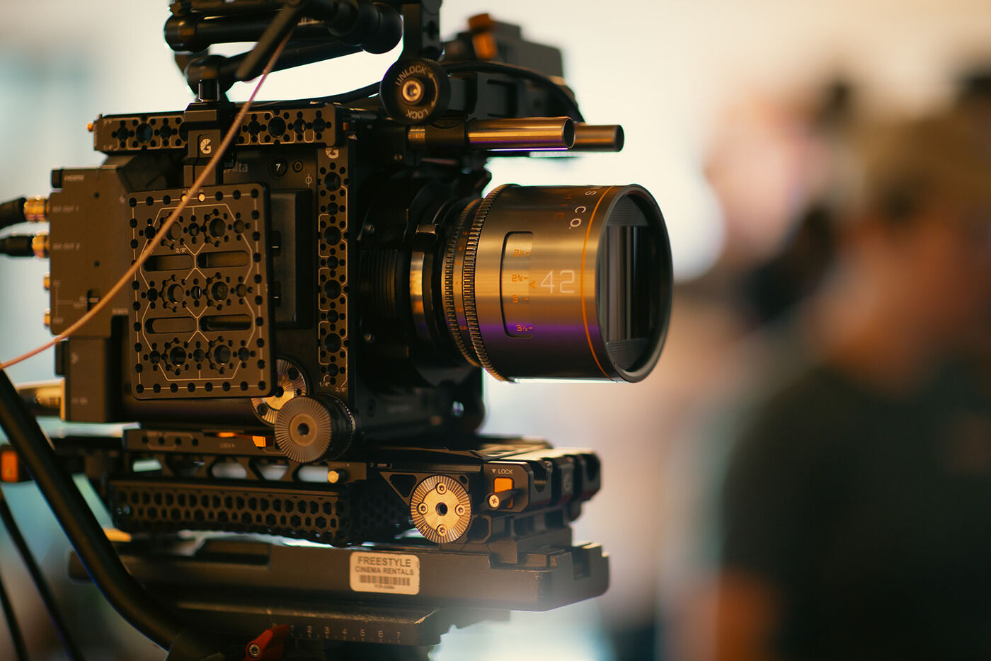 A camera build with anamorphic glass, tagged for Freestyle Cinema Rentals