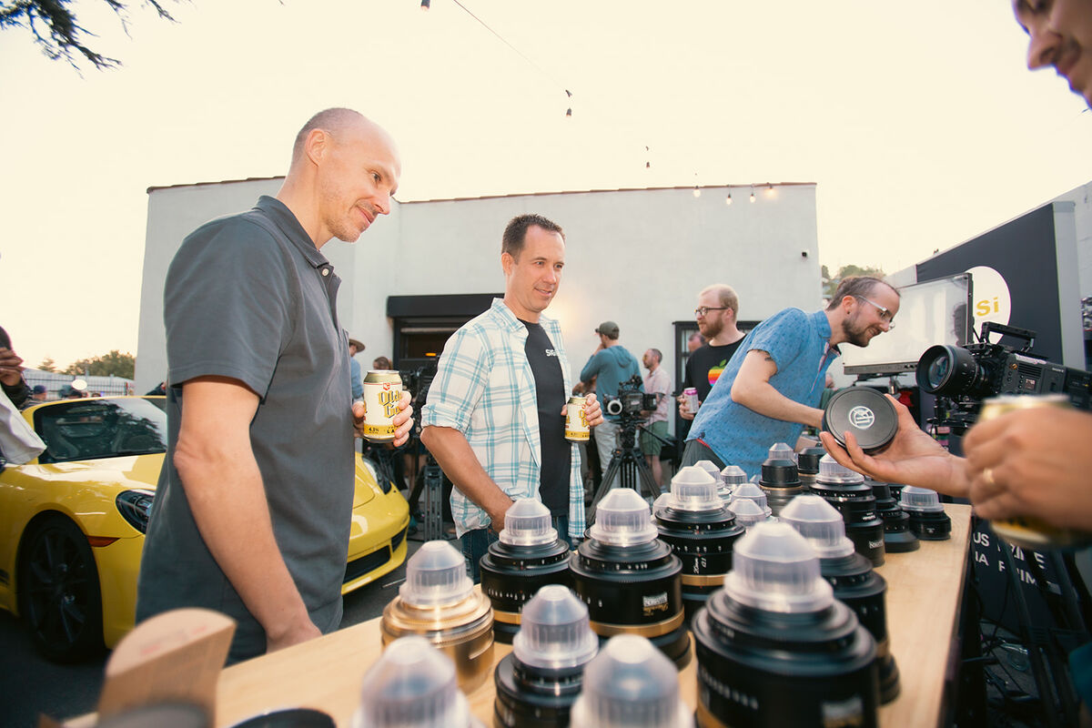 Cinema lenses lined up on the lens bar